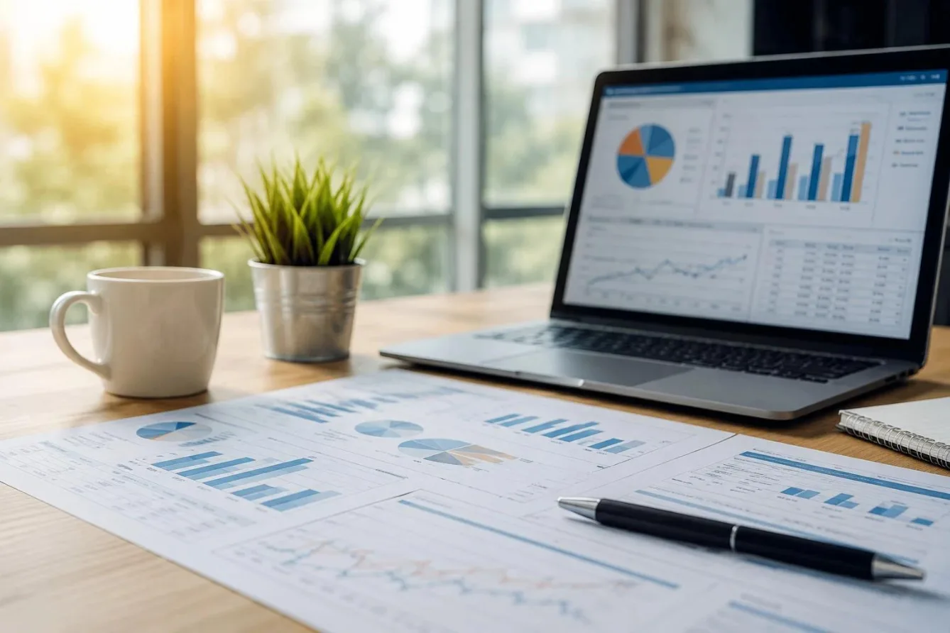 Portátil com gráficos de mercado numa secretária