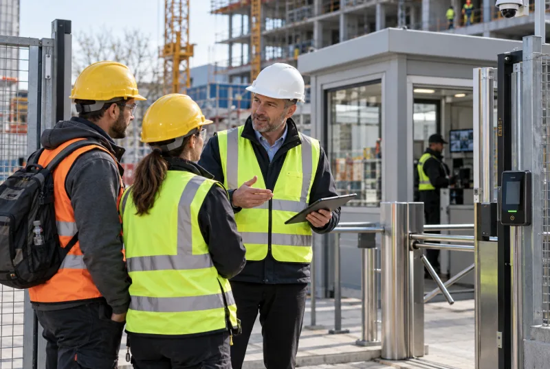 Trabalhadores com coletes e capacetes numa obra